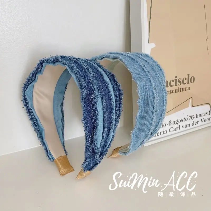 Blue Retro Denim Pleated Hair Band with Wide Bristles - Image 2