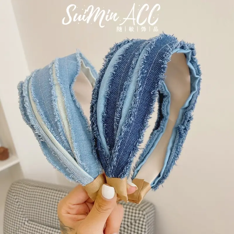 Blue Retro Denim Pleated Hair Band with Wide Bristles - Image 4