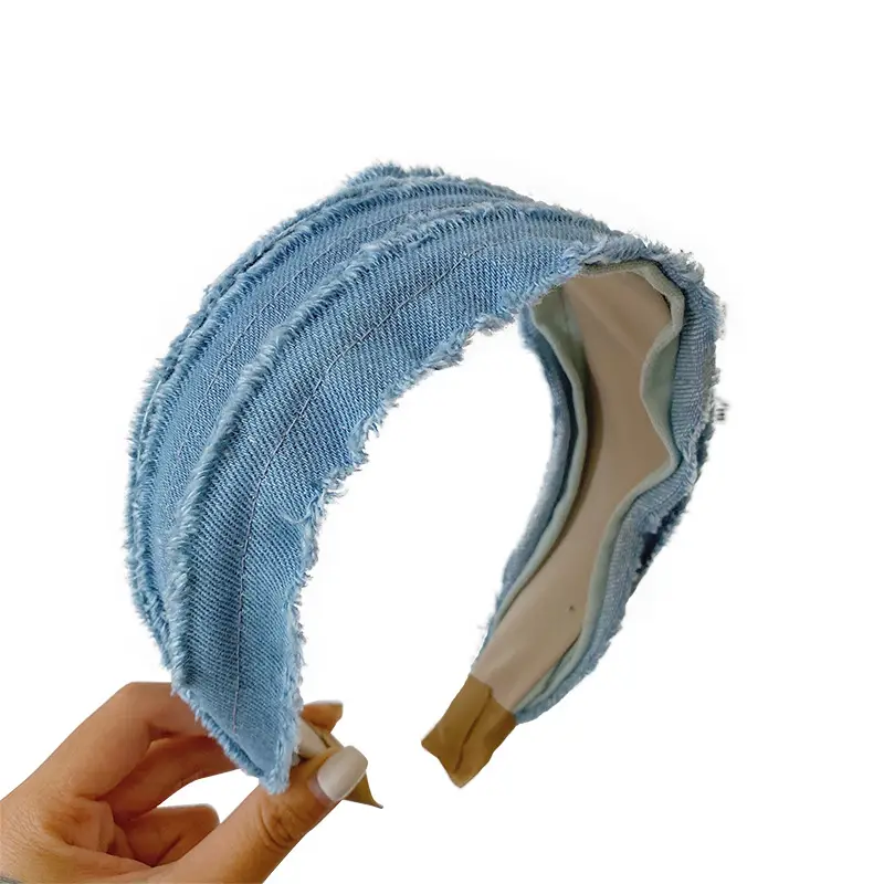 Blue Retro Denim Pleated Hair Band with Wide Bristles - Image 5