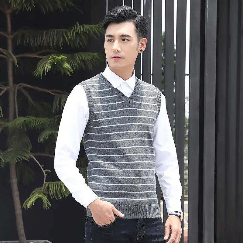 Men V-Neck Striped V-Neck Vest Navy White