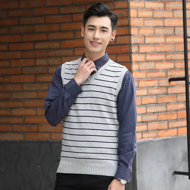 Men V-Neck Striped V-Neck Vest Navy White