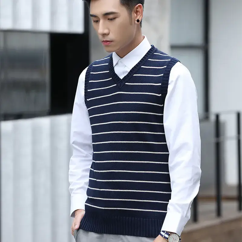 Men V-Neck Striped V-Neck Vest Navy White