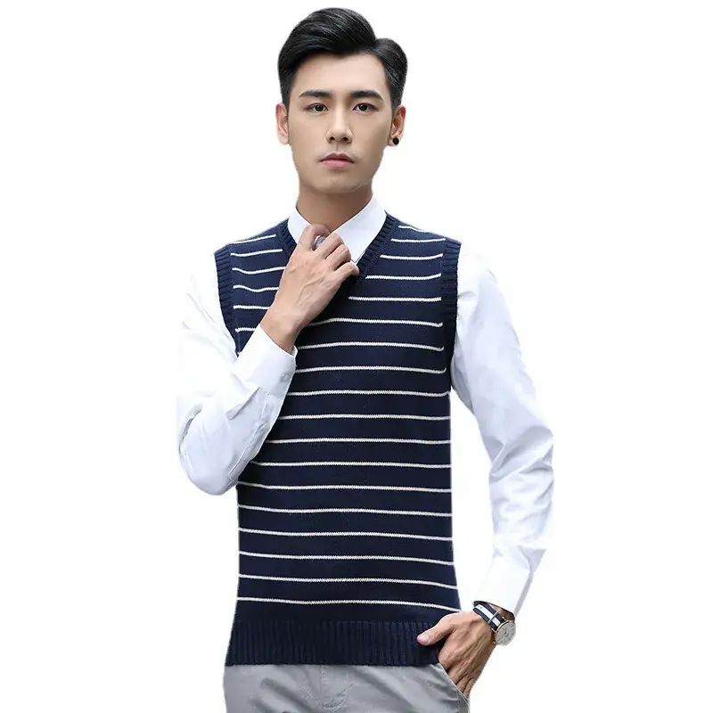 Men V-Neck Striped V-Neck Vest Navy White