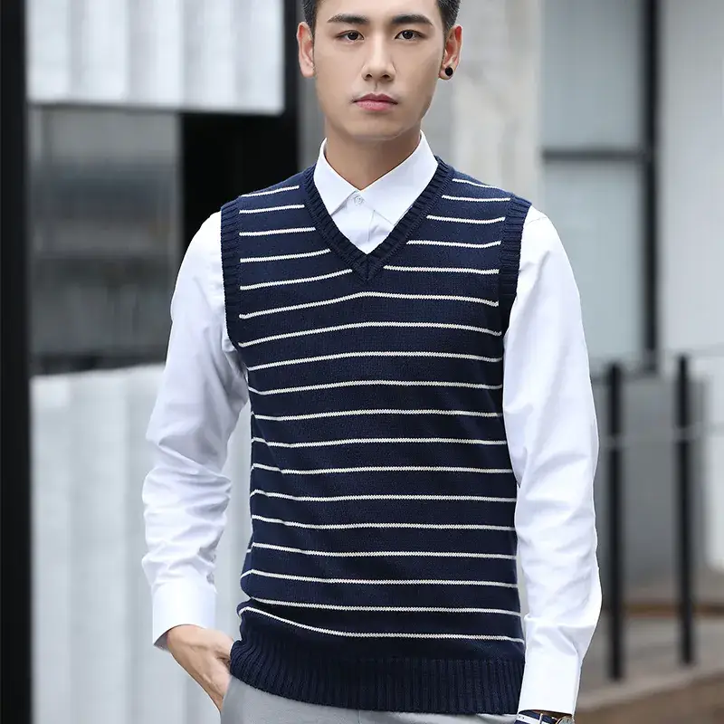 Men V-Neck Striped V-Neck Vest Navy White