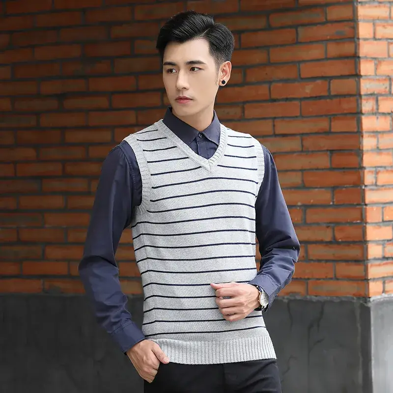 Men V-Neck Striped V-Neck Vest Navy White
