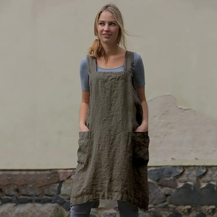 Women Cotton Linen Long Apron Set Grey - Image 9