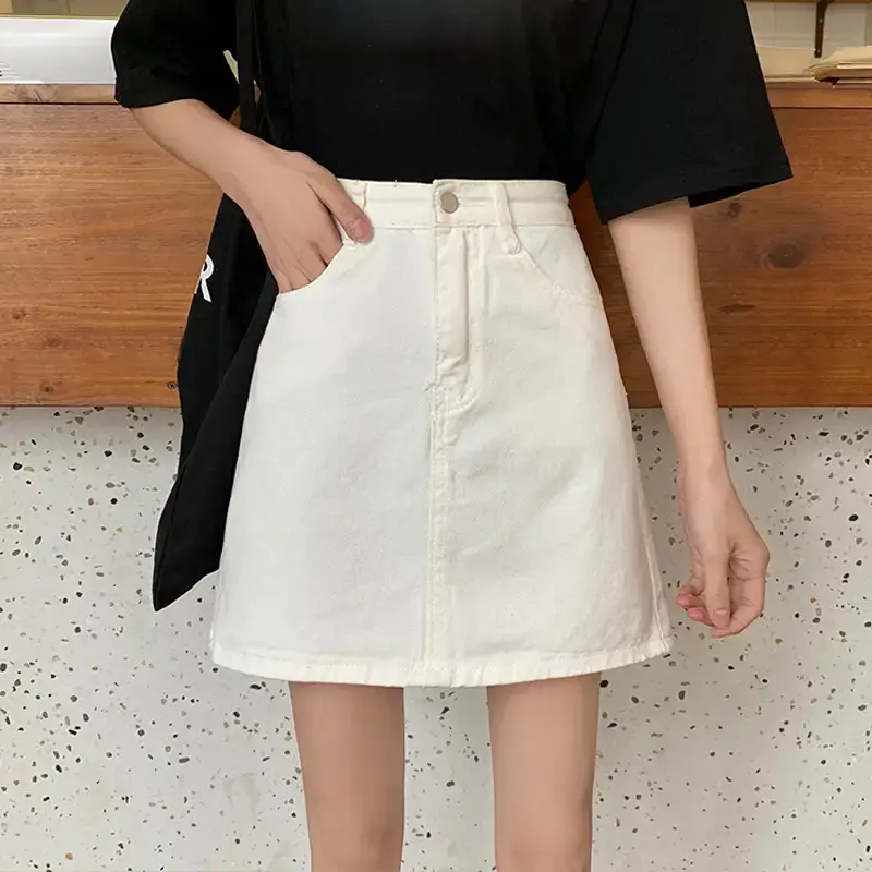 Women White Denim Skirt High Waist A Line Slim Fit - Image 5