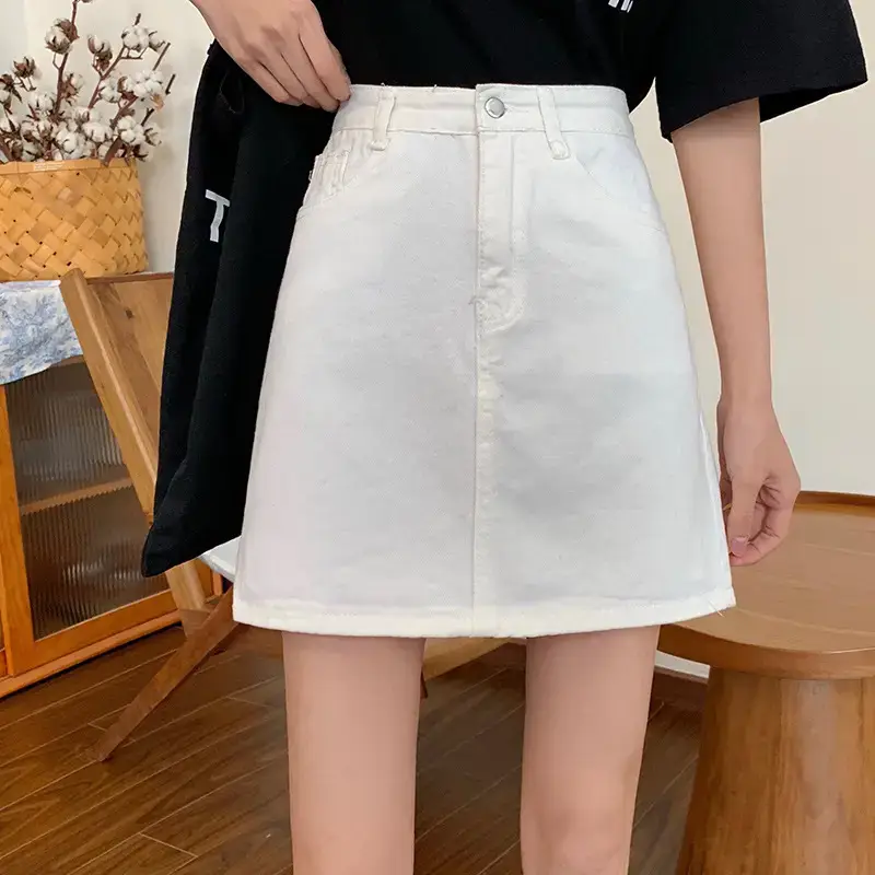 Women White Denim Skirt High Waist A Line Slim Fit - Image 6