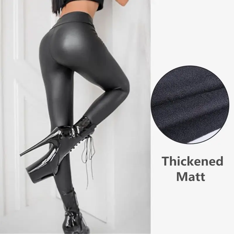 Women PU Leather Green High Waist Leggings Plus Size - Image 2