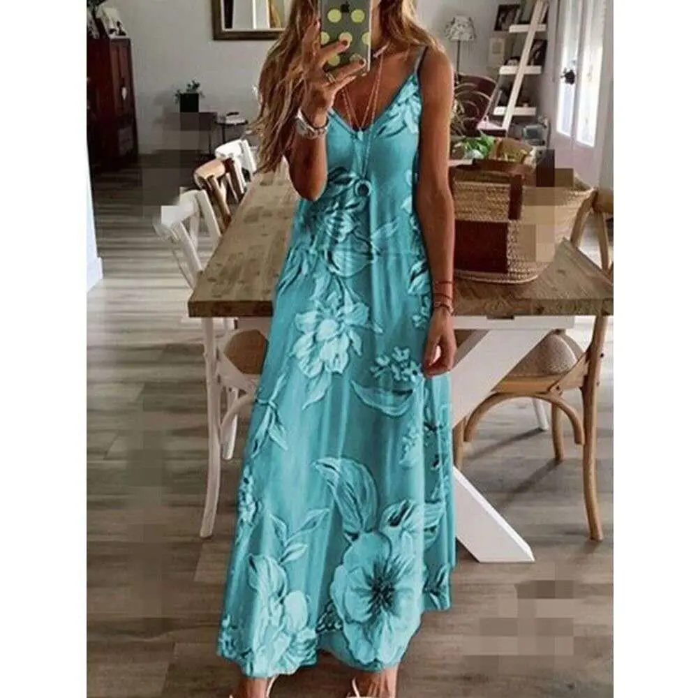 Blue Floral V-Neck Sleeveless Long Dress - Image 17
