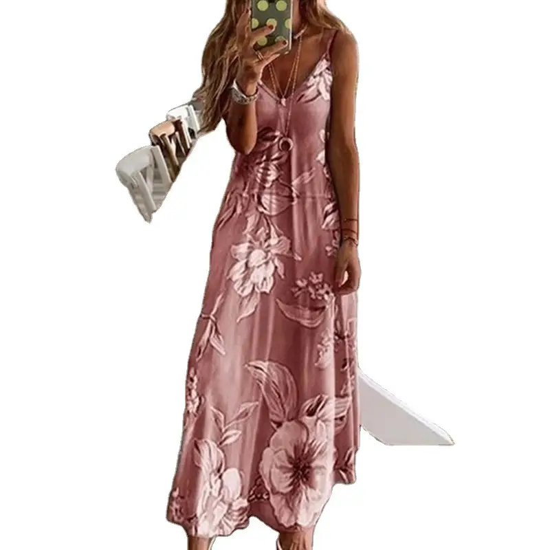 Blue Floral V-Neck Sleeveless Long Dress - Image 18