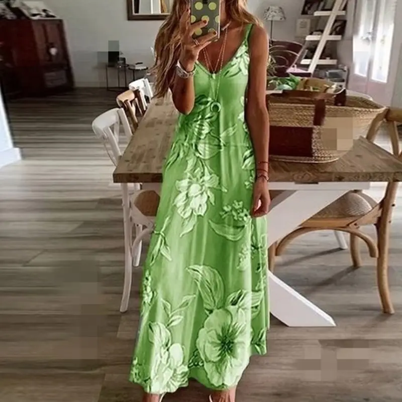 Blue Floral V-Neck Sleeveless Long Dress - Image 4