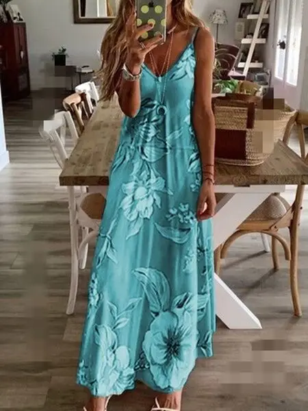 Blue Floral V-Neck Sleeveless Long Dress - Image 5