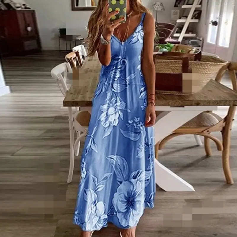 Blue Floral V-Neck Sleeveless Long Dress - Image 7