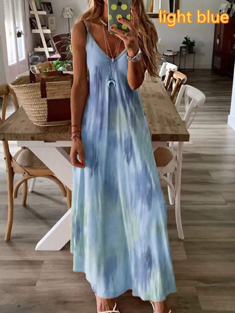 Blue Floral V-Neck Sleeveless Long Dress - Image 9