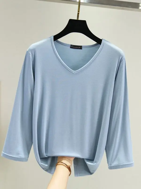 Women V-Neck Loose Fit Blue T-Shirt - Image 10