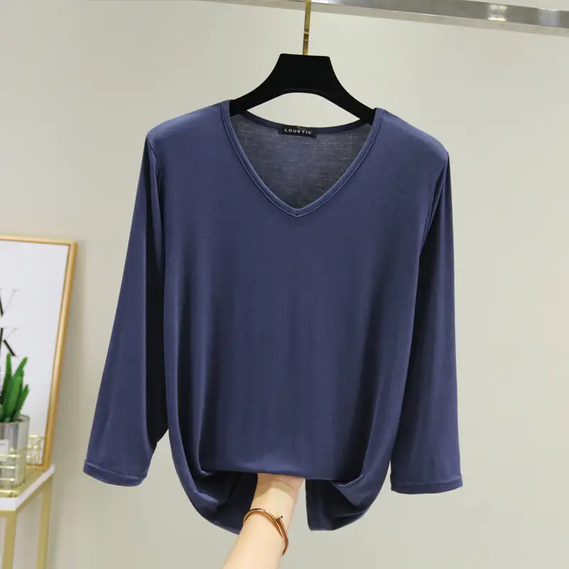 Women V-Neck Loose Fit Blue T-Shirt - Image 7