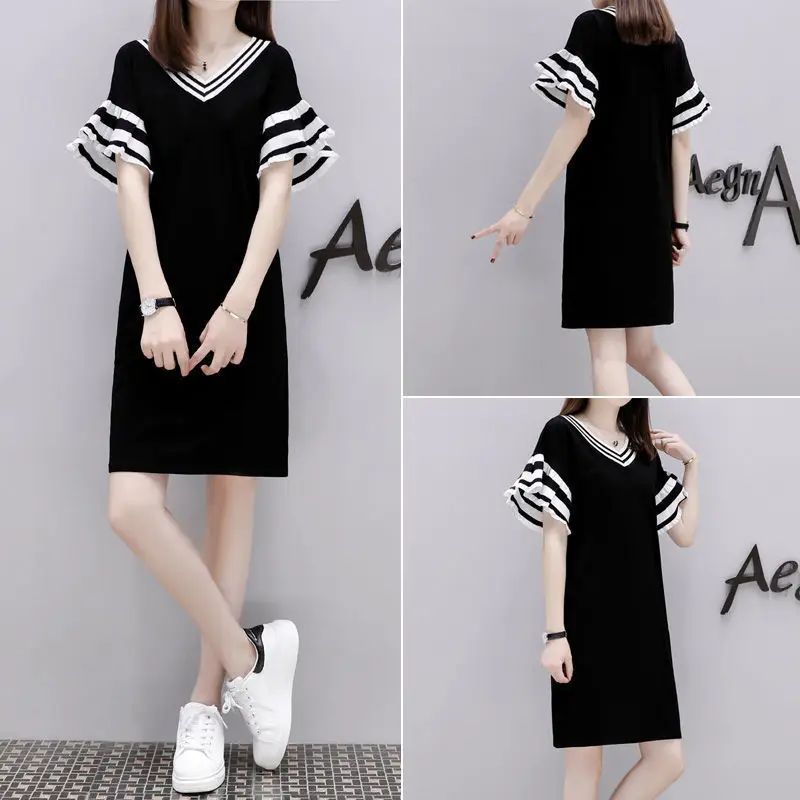 Black V-Neck Loose Slimming Mid-Length Dress for Women