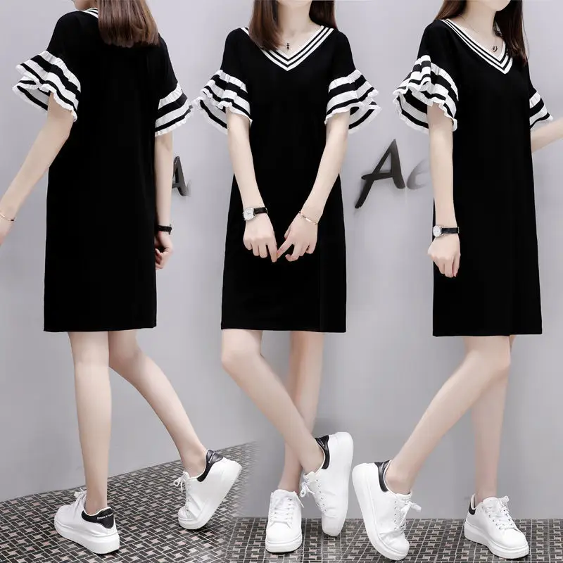 Black V-Neck Loose Slimming Mid-Length Dress for Women