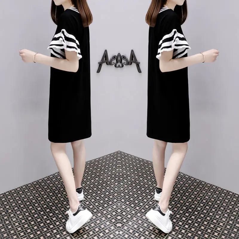 Black V-Neck Loose Slimming Mid-Length Dress for Women