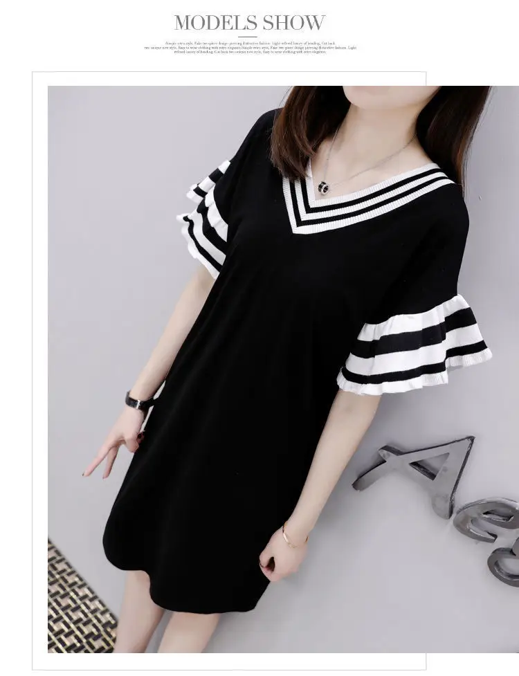 Black V-Neck Loose Slimming Mid-Length Dress for Women — feature 5