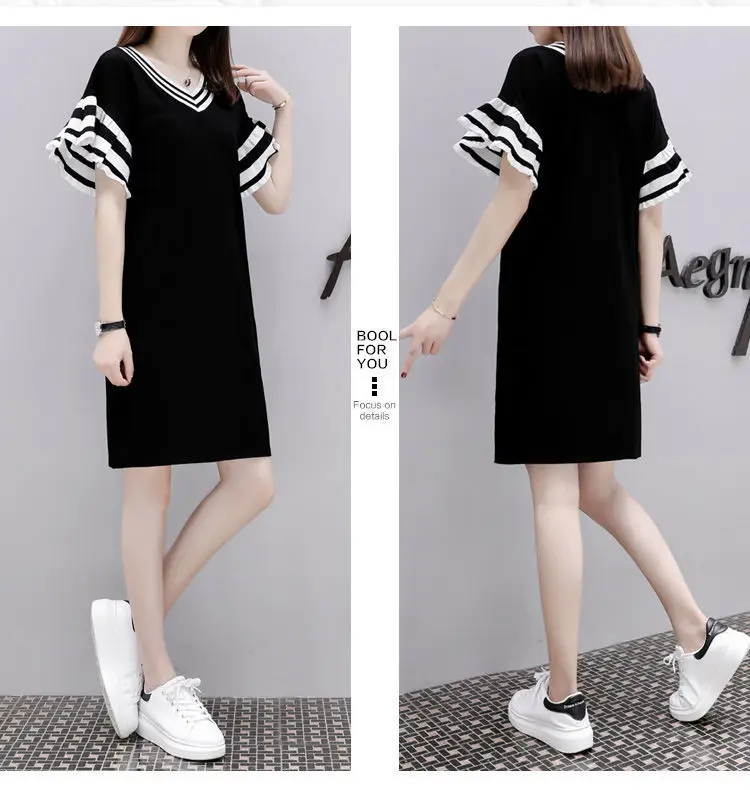 Black V-Neck Loose Slimming Mid-Length Dress for Women — feature 6