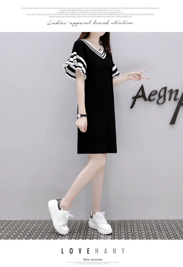 Black V-Neck Loose Slimming Mid-Length Dress for Women — feature 7