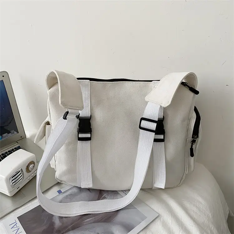 Women Canvas Crossbody Bag Large Capacity White - Image 4