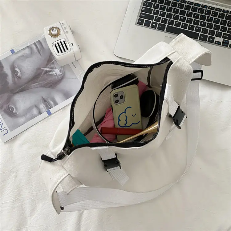 Women Canvas Crossbody Bag Large Capacity White - Image 7