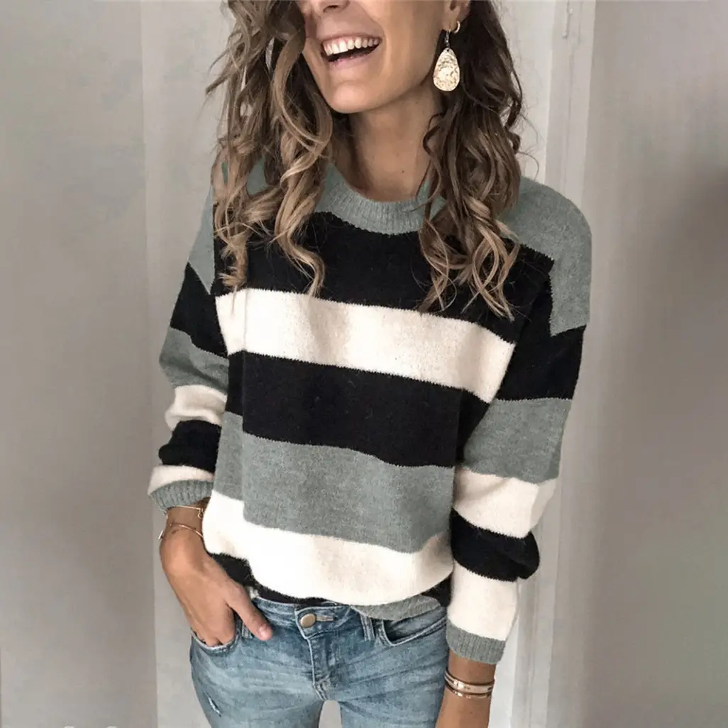 Women's Contrast Striped Knit Pullover Plus Size
