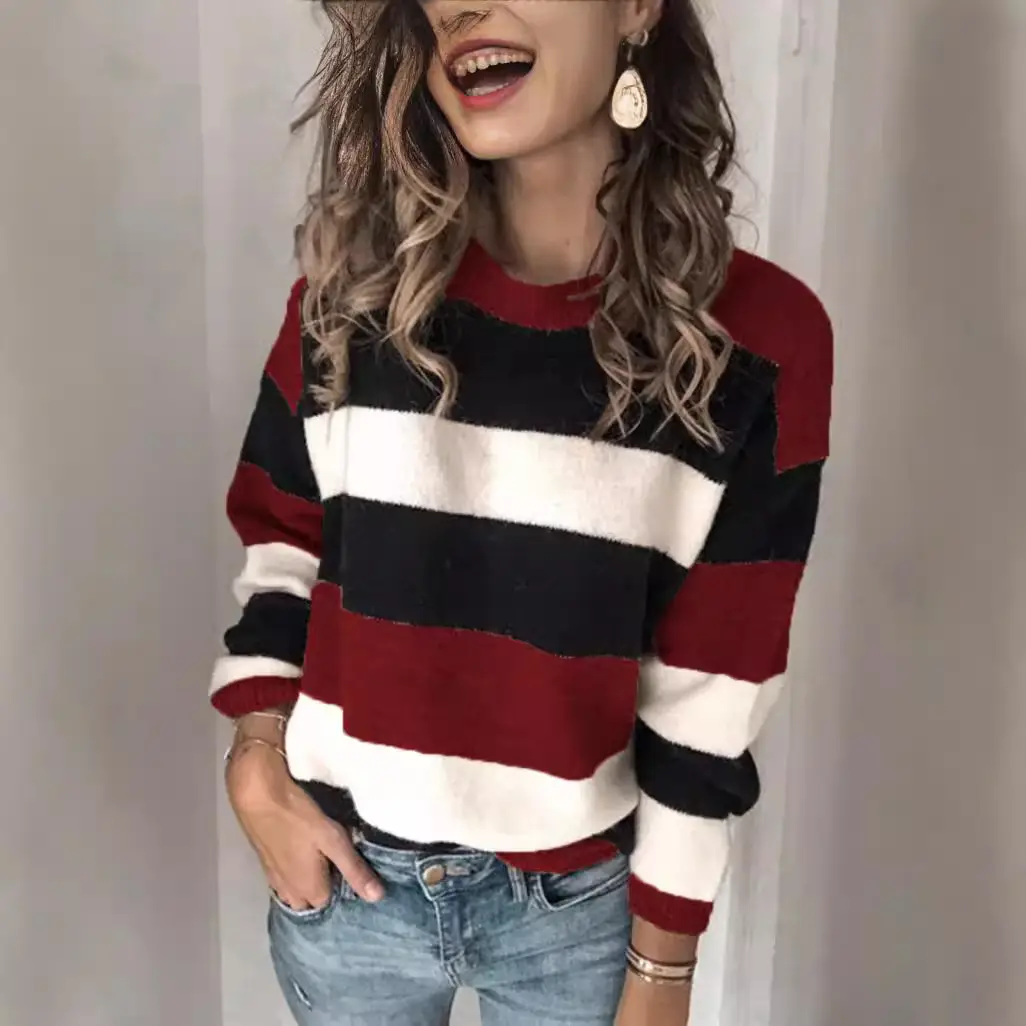 Women's Contrast Striped Knit Pullover Plus Size
