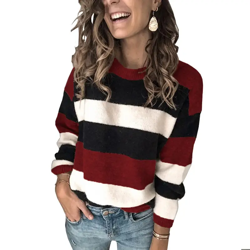 Women's Contrast Striped Knit Pullover Plus Size