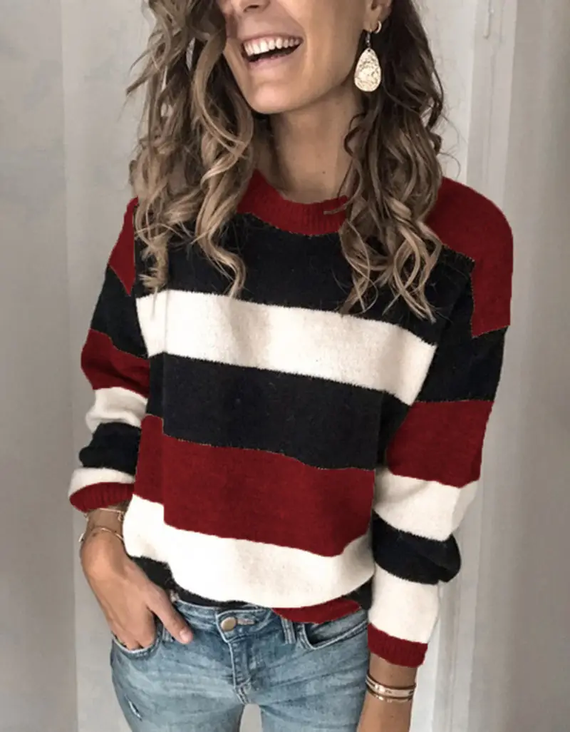 Women's Contrast Striped Knit Pullover Plus Size