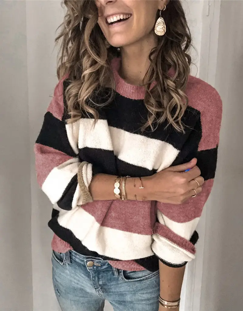 Women's Contrast Striped Knit Pullover Plus Size