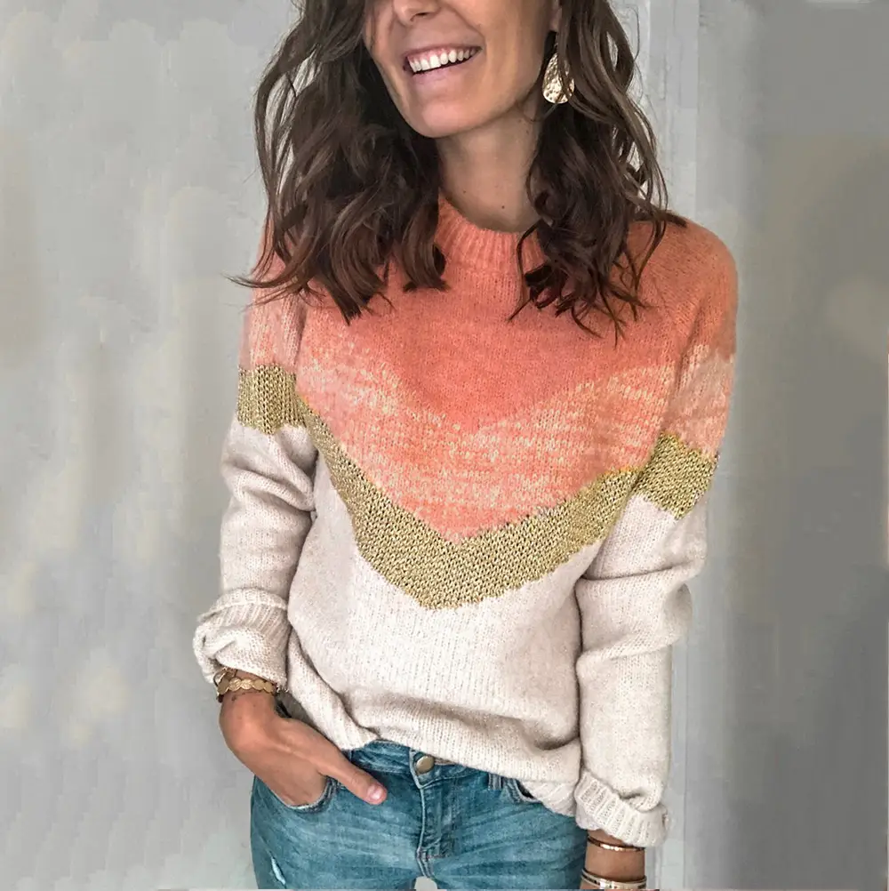 2023 Knit Pullover Blue Beige Contrasting Raglan Sleeve - Image 4