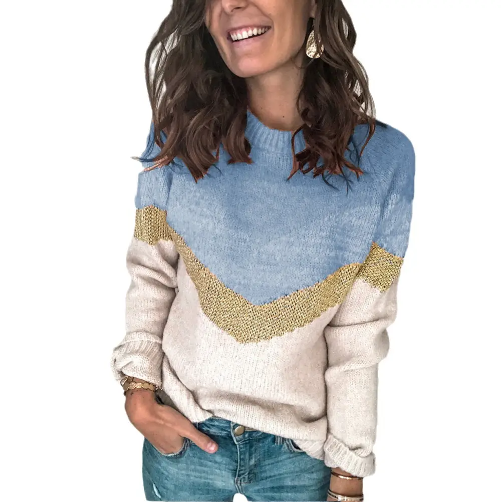2023 Knit Pullover Blue Beige Contrasting Raglan Sleeve - Image 7