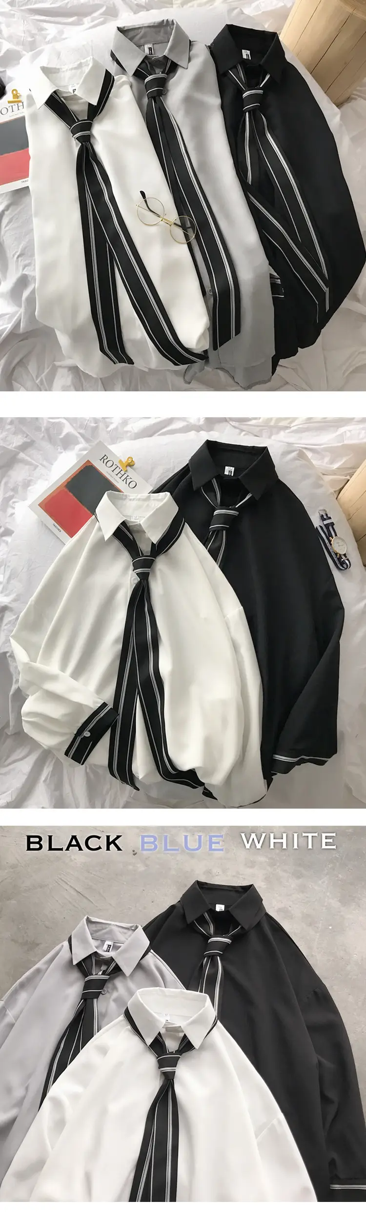 Men's Lazy Fashion Shirt Black White Tie Top Seven Point Sleeve — feature 1