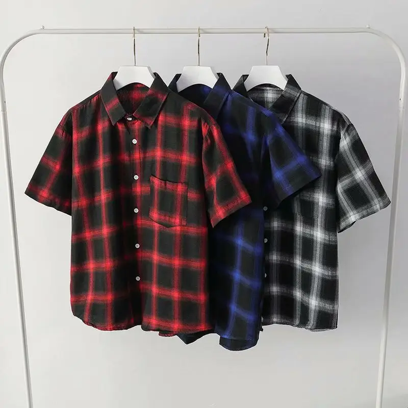 2020 Men Plaid Short Sleeve Summer Shirt Set