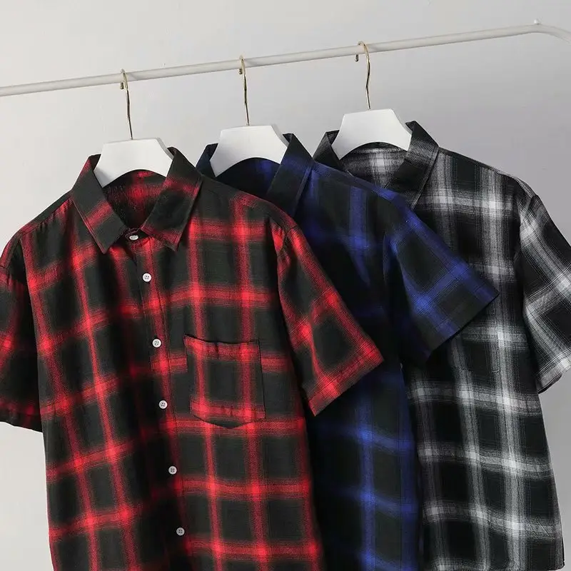 2020 Men Plaid Short Sleeve Summer Shirt Set