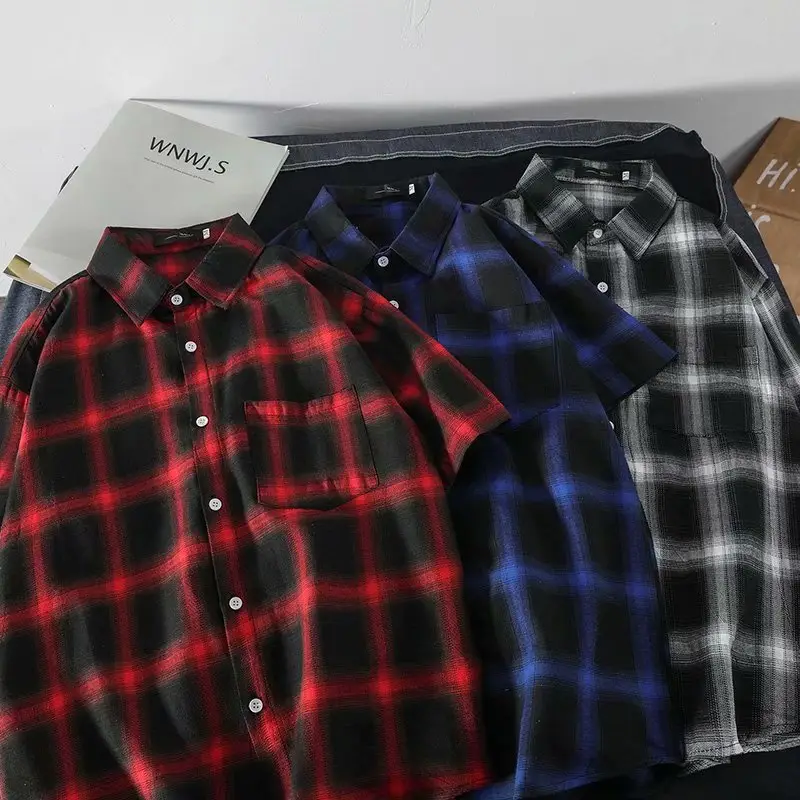 2020 Men Plaid Short Sleeve Summer Shirt Set