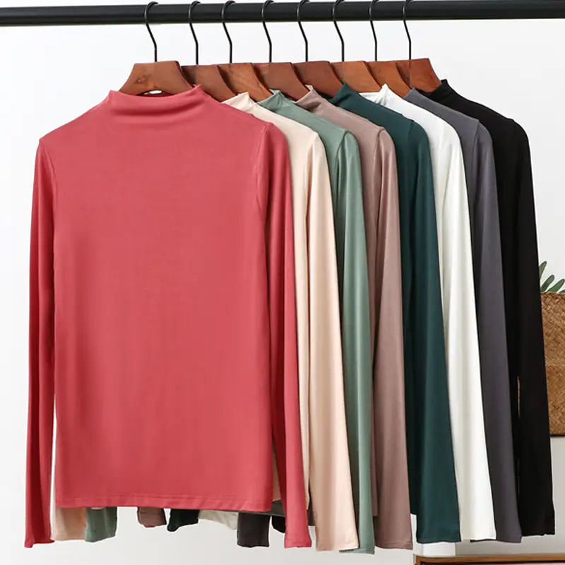 Women's 2021 Half-Turtleneck Long Sleeve T-Shirt White Modal - Image 12