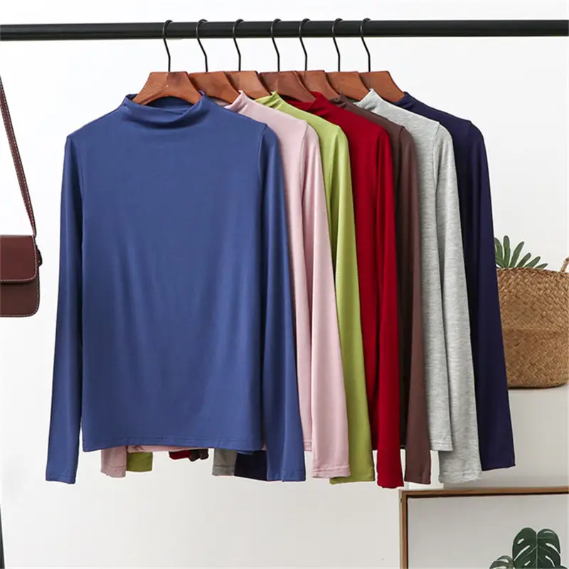 Women's 2021 Half-Turtleneck Long Sleeve T-Shirt White Modal - Image 14