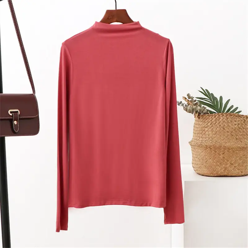 Women's 2021 Half-Turtleneck Long Sleeve T-Shirt White Modal - Image 10