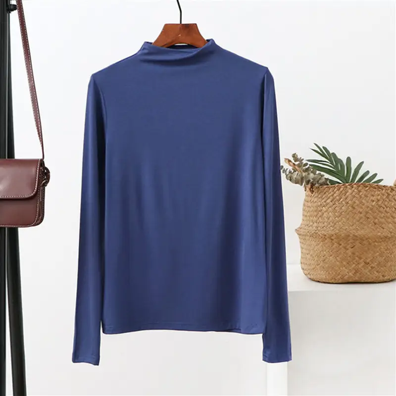 Women's 2021 Half-Turtleneck Long Sleeve T-Shirt White Modal - Image 11