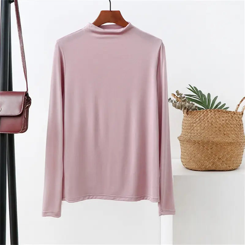 Women's 2021 Half-Turtleneck Long Sleeve T-Shirt White Modal - Image 2