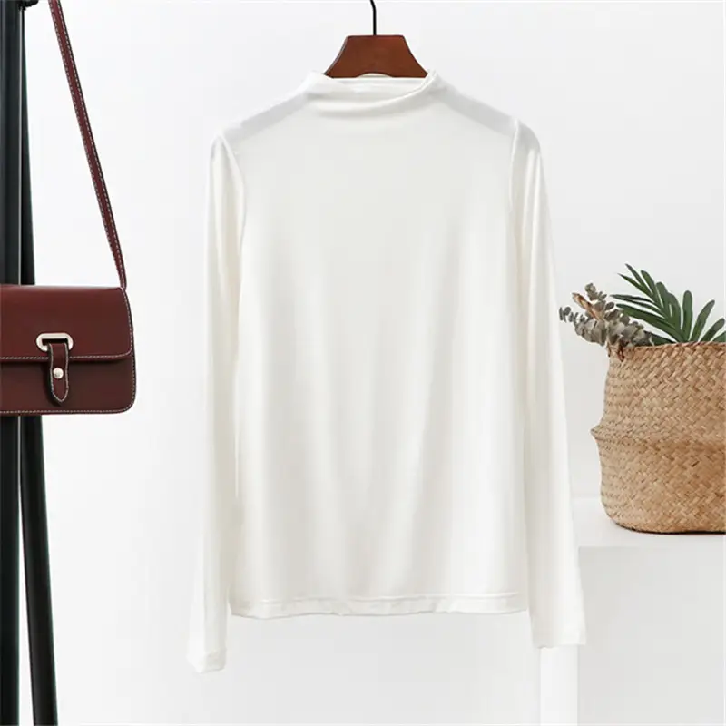 Women's 2021 Half-Turtleneck Long Sleeve T-Shirt White Modal - Image 3