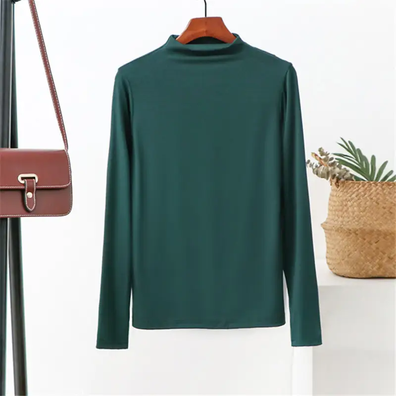 Women's 2021 Half-Turtleneck Long Sleeve T-Shirt White Modal - Image 4