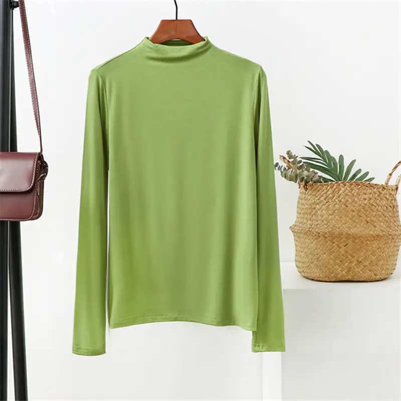 Women's 2021 Half-Turtleneck Long Sleeve T-Shirt White Modal - Image 5