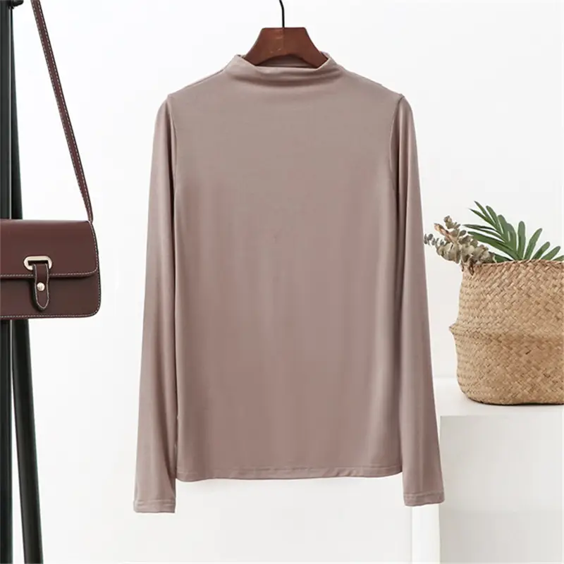 Women's 2021 Half-Turtleneck Long Sleeve T-Shirt White Modal - Image 6