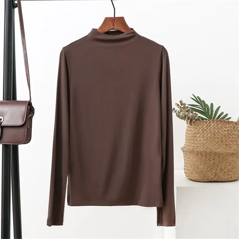 Women's 2021 Half-Turtleneck Long Sleeve T-Shirt White Modal - Image 7